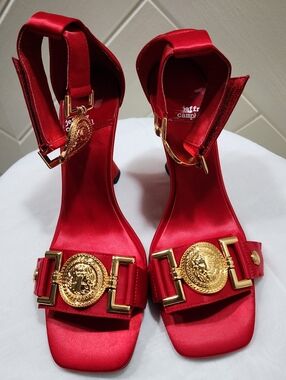 Jeffrey Campbell Red Satin Medallion Ankle-Strap Heels